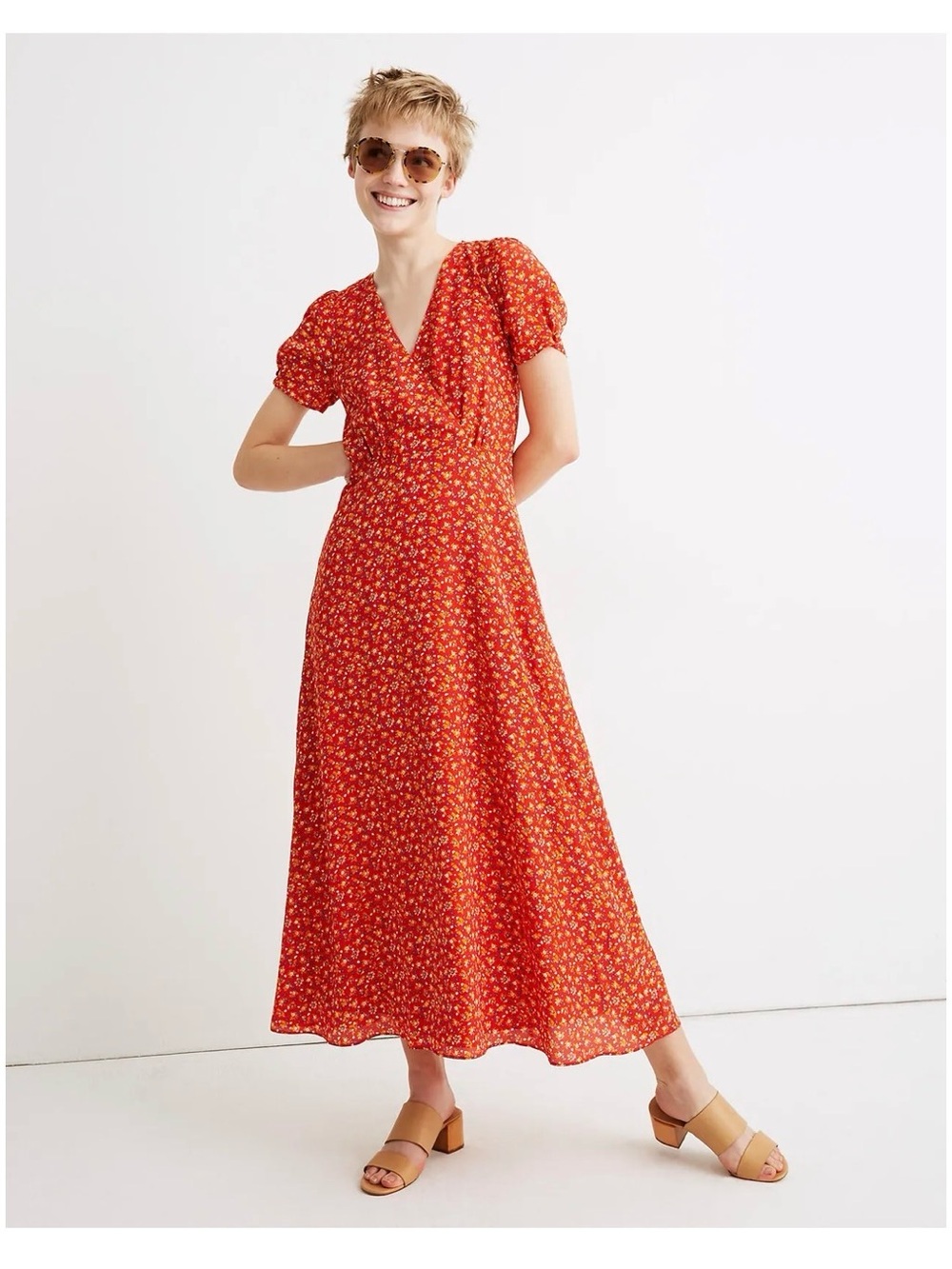 Madewell Orange-Red Floral V-Neck Maxi Dress 100% Silk